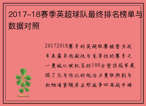 2017-18赛季英超球队最终排名榜单与数据对照