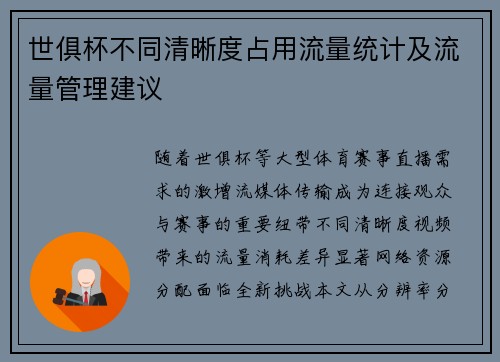 世俱杯不同清晰度占用流量统计及流量管理建议