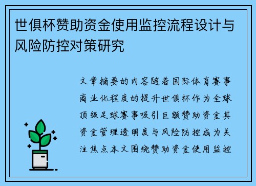 世俱杯赞助资金使用监控流程设计与风险防控对策研究